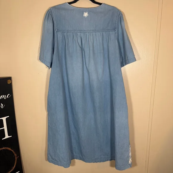 Go Softly Patio House Dress Duster MuMu 1X Floral Embroidered Chambray Denim - Picture 2 of 9